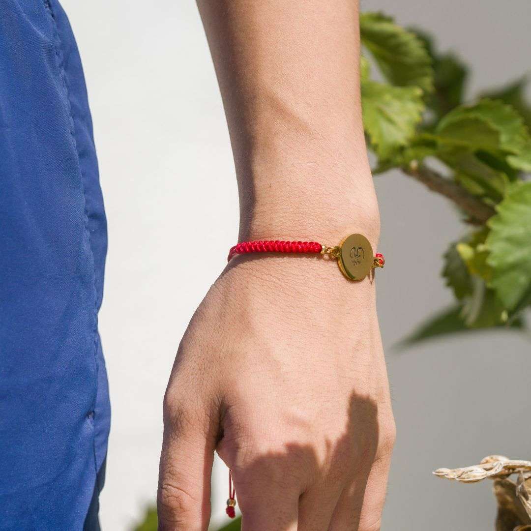 Custom Gold Round Stainless Steel Charm with Red String Bracelet - MyMantra