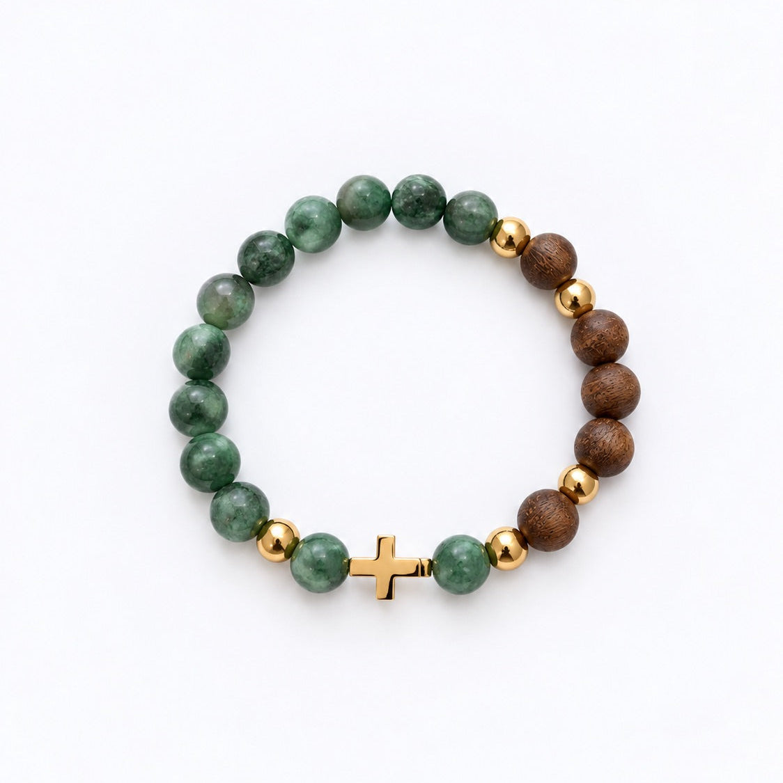 A beaded stretch bracelet featuring green marbled beads, brown wood beads, small gold spacer beads, and a small gold cross clasp, displayed on a clean white background.