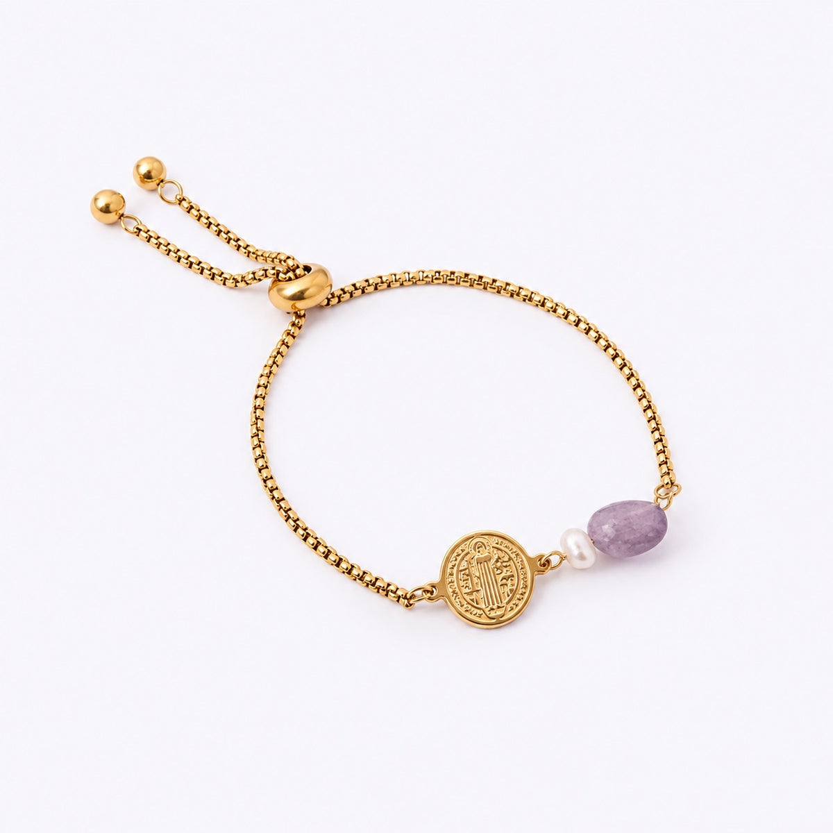 Have Faith St Benedict Stainless Steel Bracelet with Amethyst & Freshwater Pearl