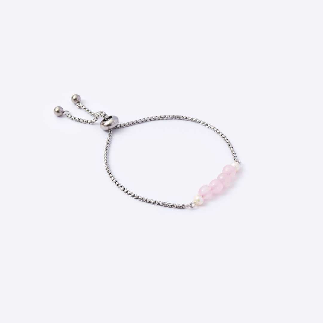 Serenity Stainless Steel Adjustable Bracelet - Rose Quartz with Freshwater Pearl - MyMantra