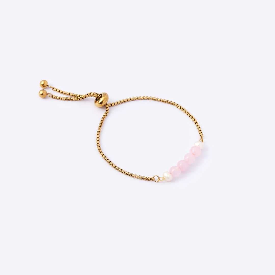 Serenity Stainless Steel Adjustable Bracelet - Rose Quartz with Freshwater Pearl - MyMantra