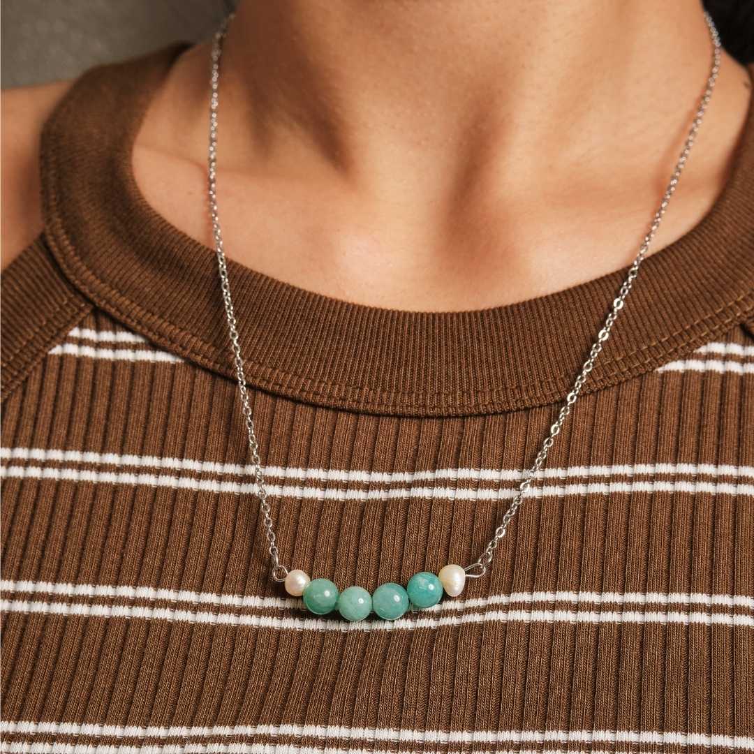 Serenity Stainless Steel Necklace - Amazonite Stone with Freshwater Pearl - MyMantra