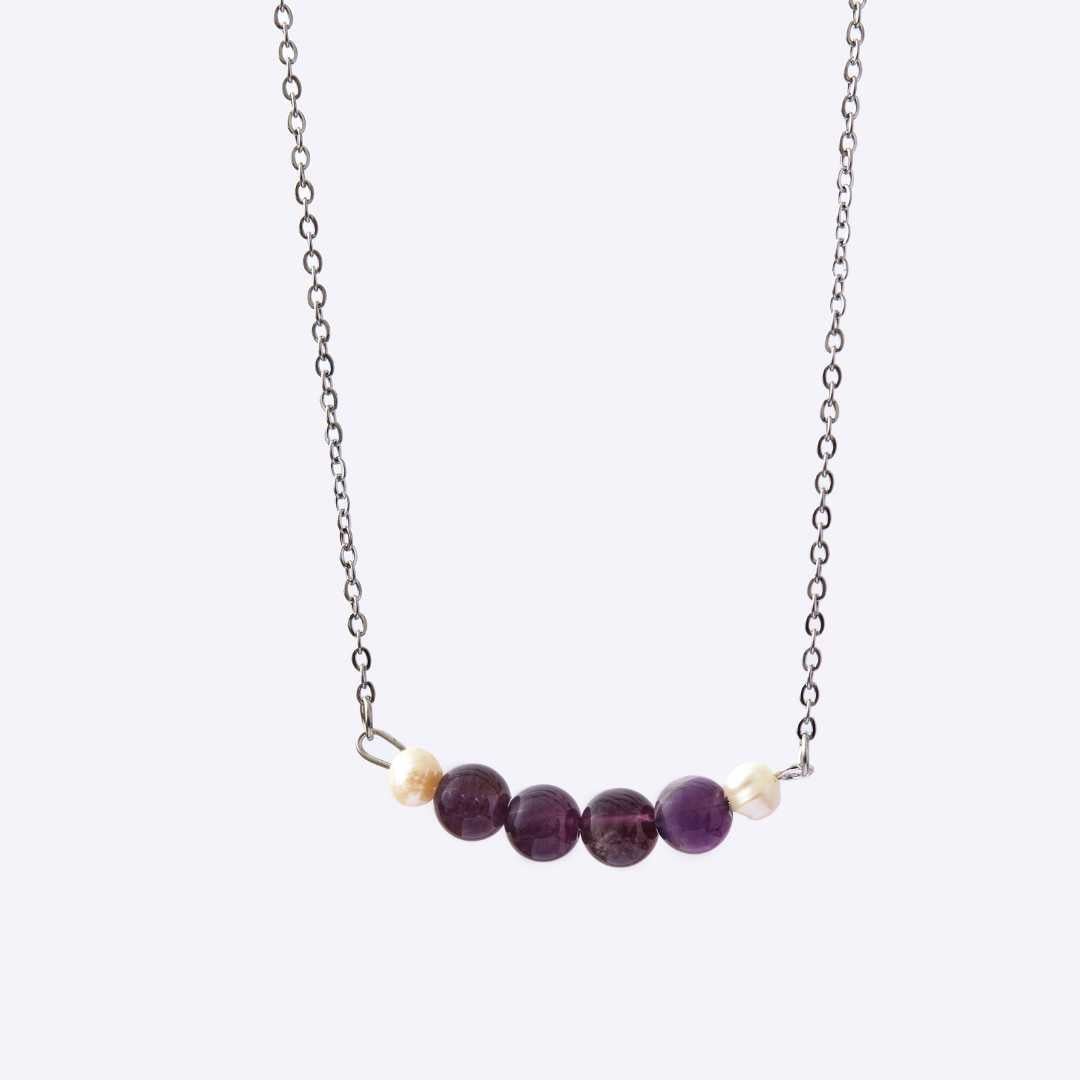 Serenity Stainless Steel Necklace - Amethyst with Freshwater Pearl - MyMantra