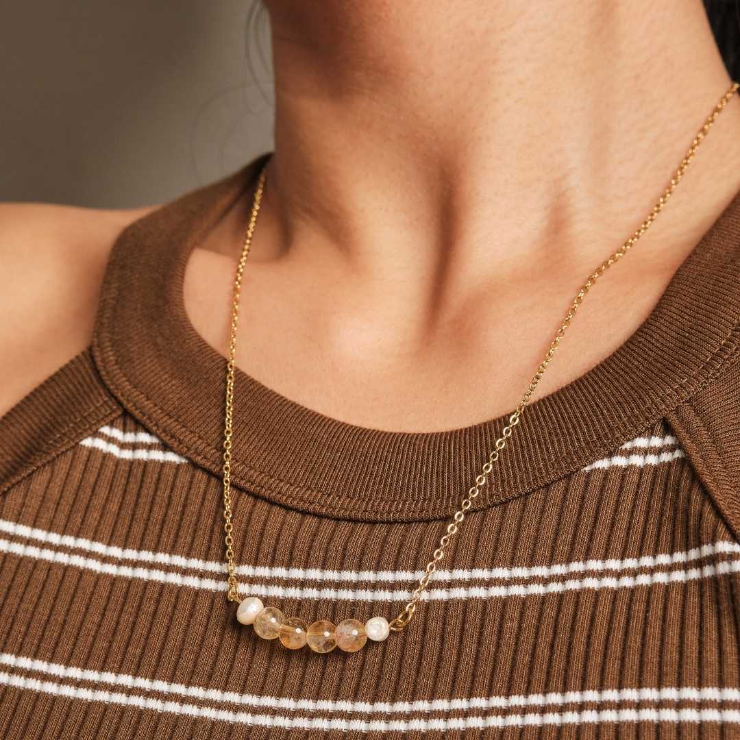 Serenity Stainless Steel Necklace - Citrine Stone with Freshwater Pearl - MyMantra