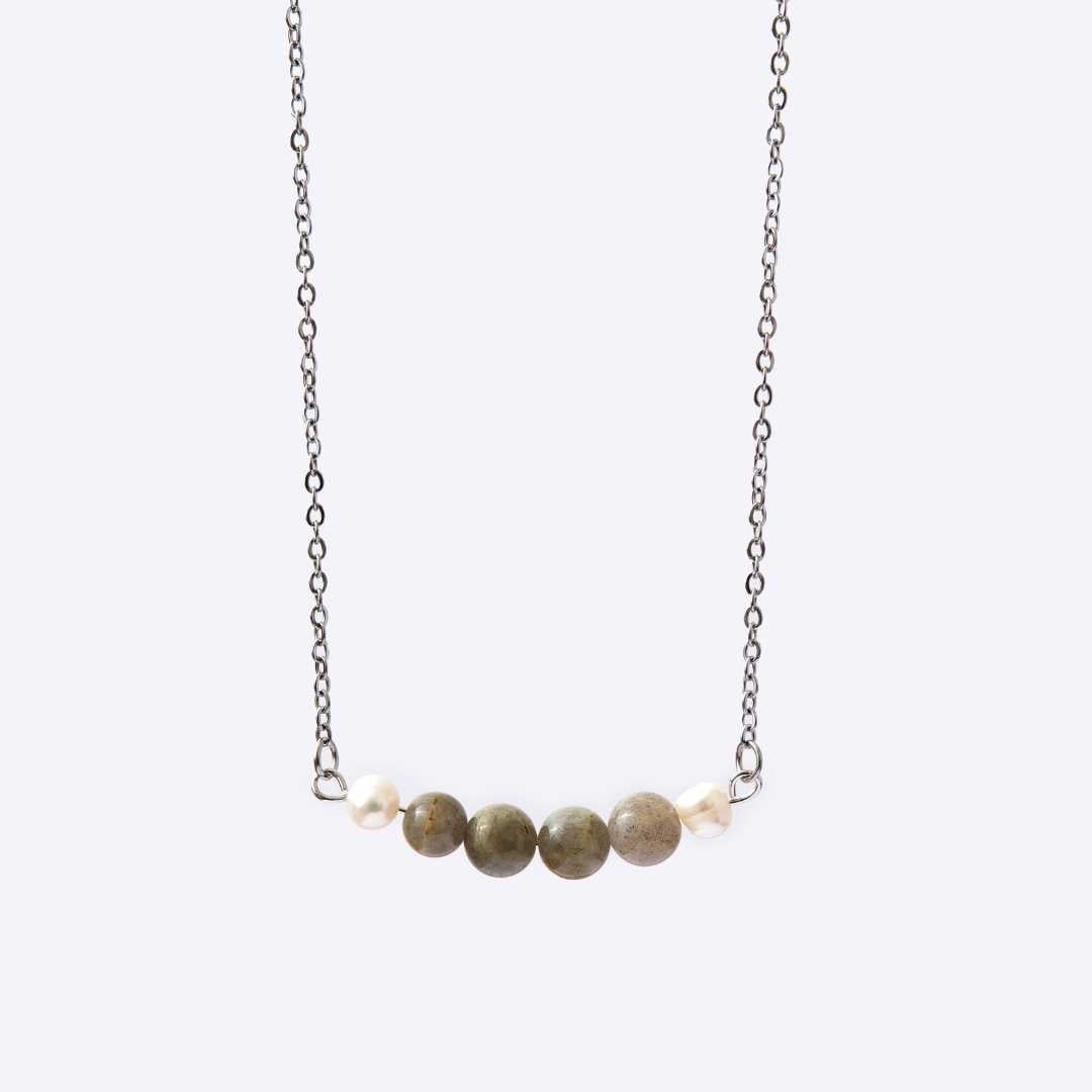 Serenity Stainless Steel Necklace - Labradorite with Freshwater Pearl - MyMantra