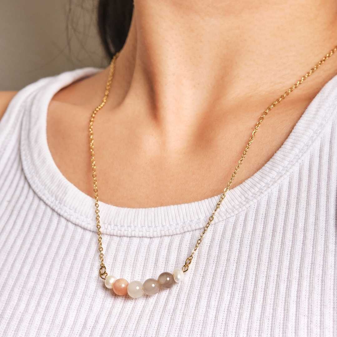 Serenity Stainless Steel Necklace - Rose Quartz with Freshwater Pearl - MyMantra