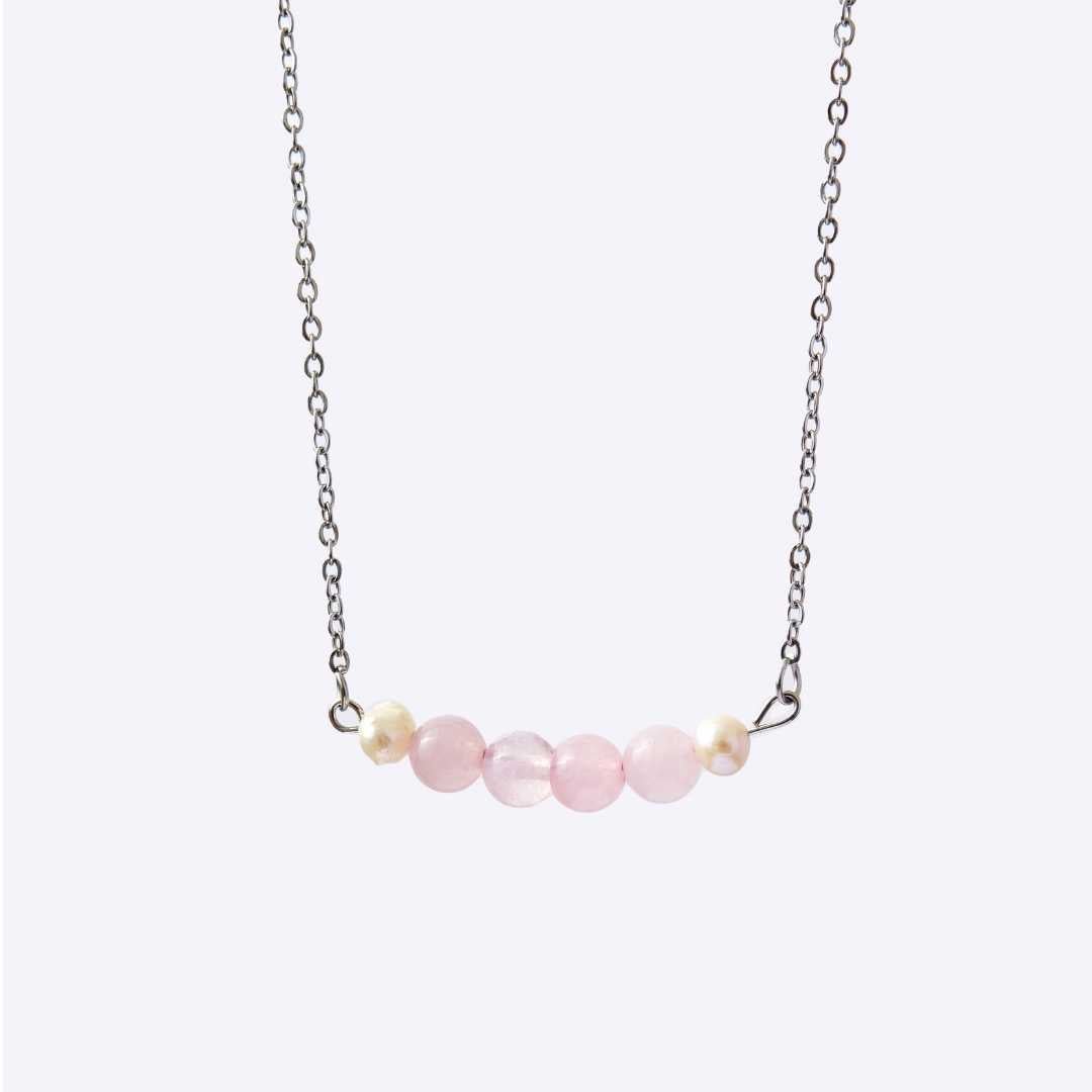 Serenity Stainless Steel Necklace - Rose Quartz with Freshwater Pearl - MyMantra