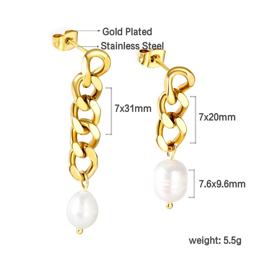 Statement Piece - Chain with Dangling Pearl Mismatched Earrings
