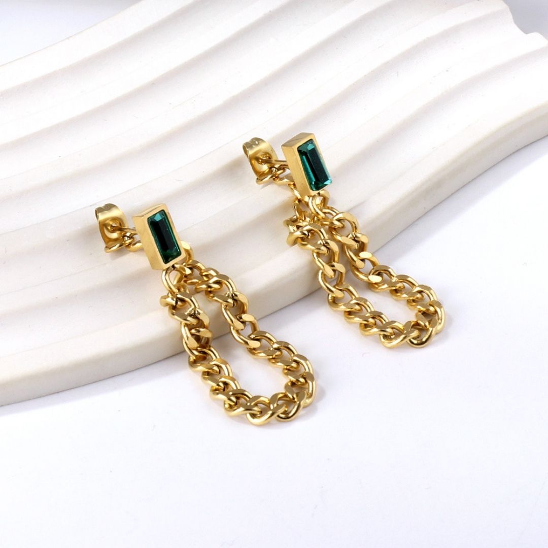 Statement Piece - Green Gem Chain Earrings