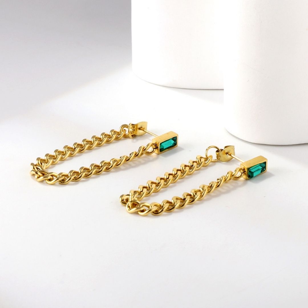 Statement Piece - Green Gem Chain Earrings