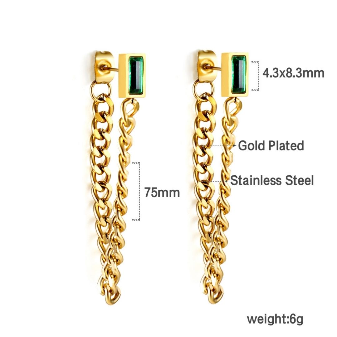 Statement Piece - Green Gem Chain Earrings