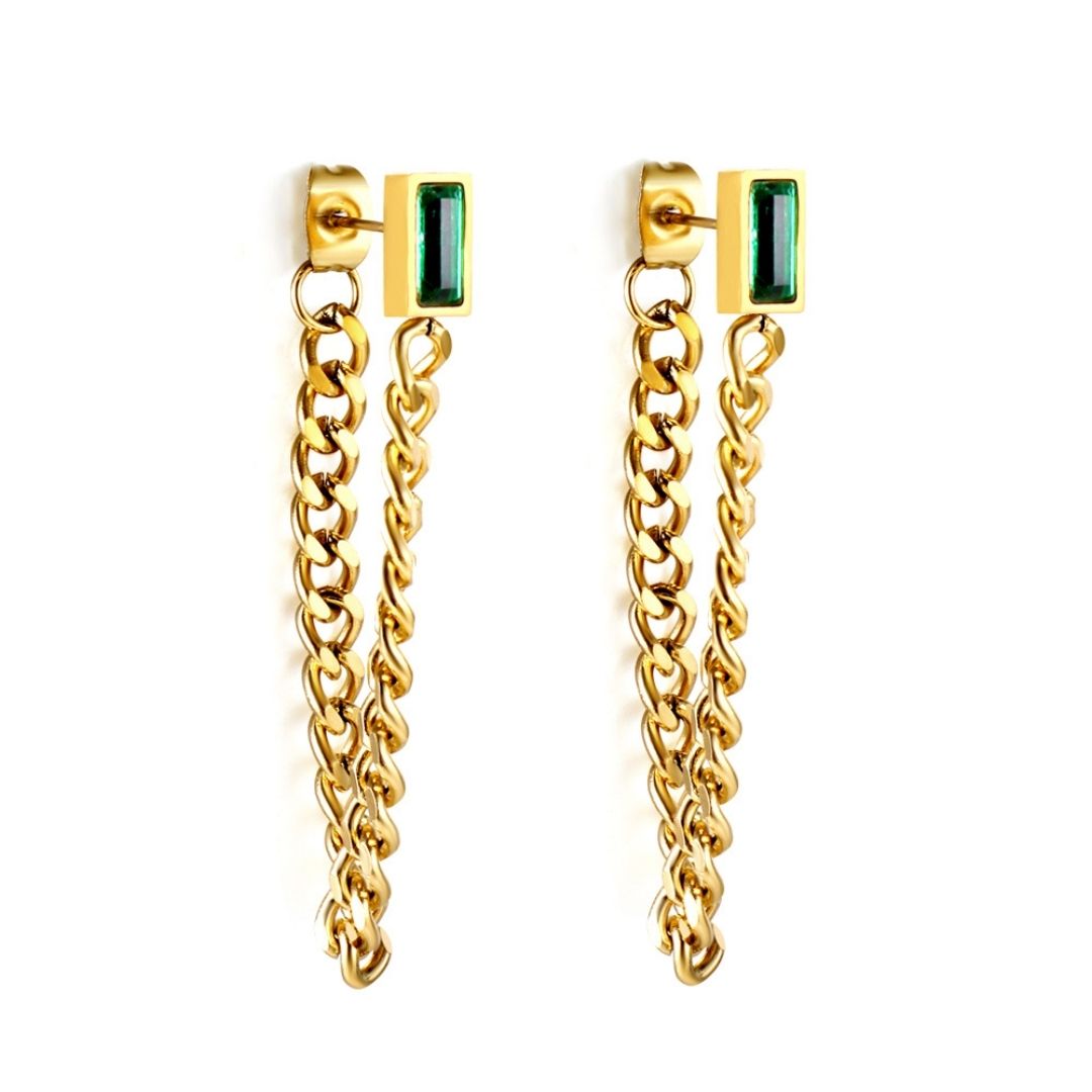 Statement Piece - Green Gem Chain Earrings