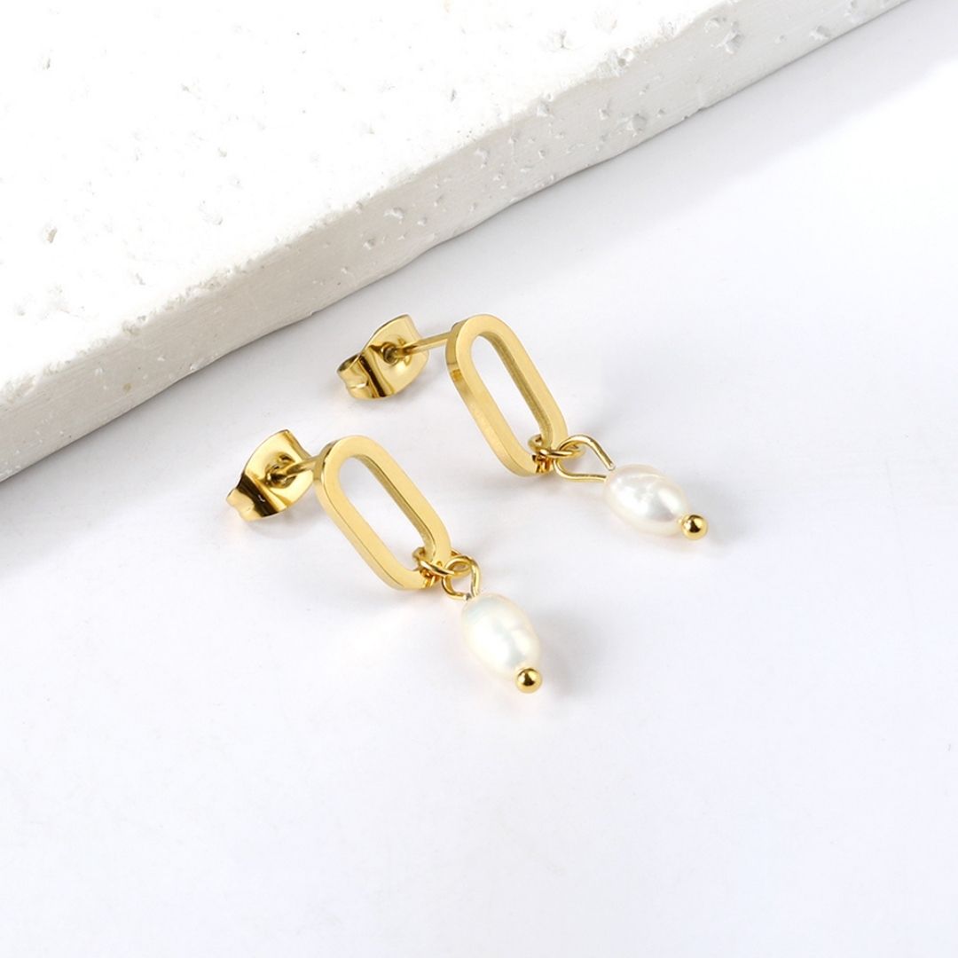 Statement Piece - Oval with Dangling Pearl Earrings