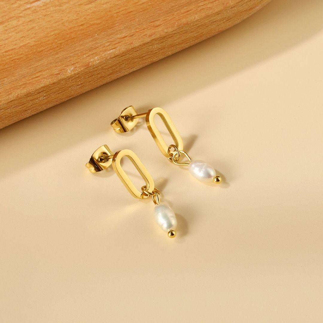 Statement Piece - Oval with Dangling Pearl Earrings