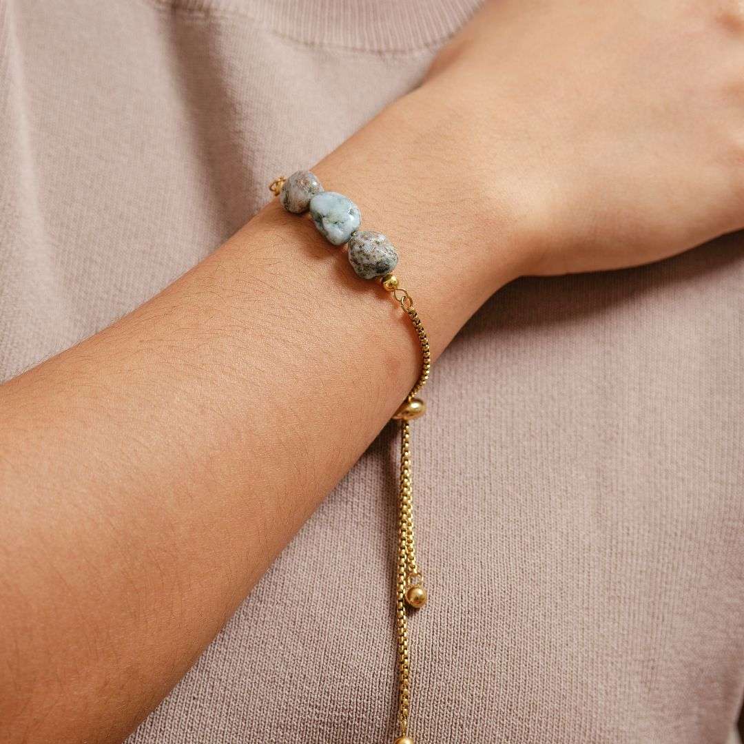 Well Rounded Stone Stainless Steel Adjustable Bracelet - Larimar - MyMantra