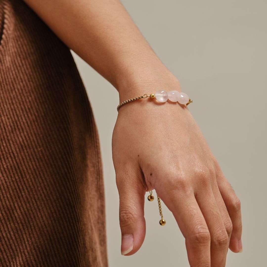 Well Rounded Stone Stainless Steel Adjustable Bracelet - Rose Quartz - MyMantra