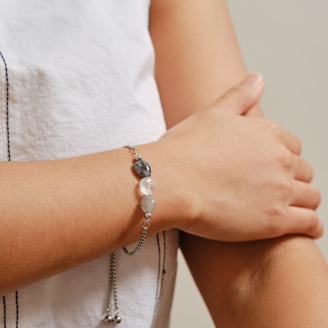 Well Rounded Stone Stainless Steel Adjustable Bracelet - Tourmaline - MyMantra