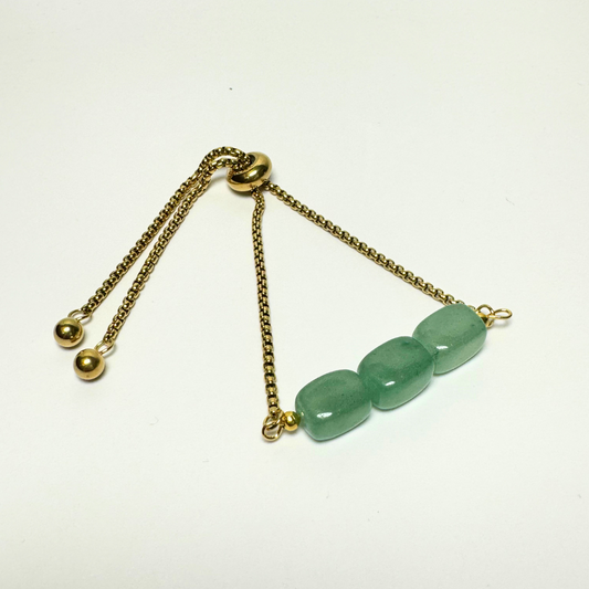 Green Aventurine Cube Stone Gold Stainless Steel Adjustable Bracelet