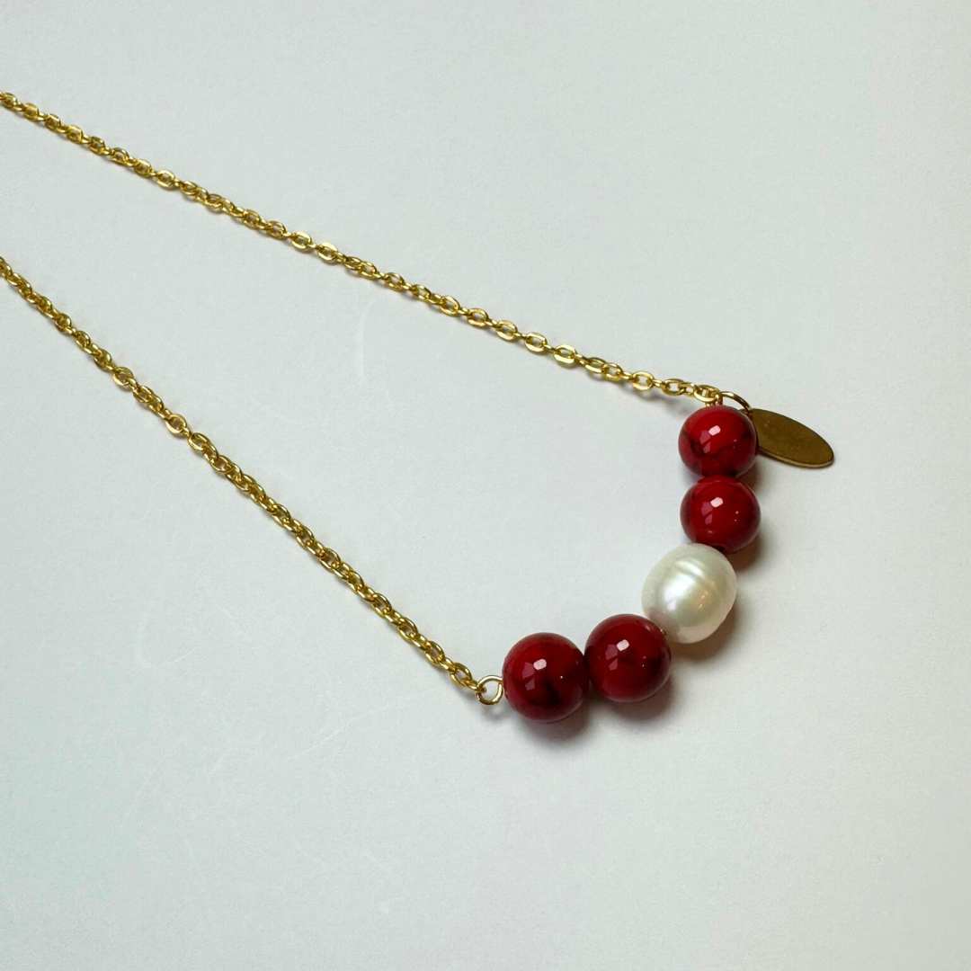 Red Coral Stone with Freshwater Pearl Gold Stainless Steel Necklace - MyMantra