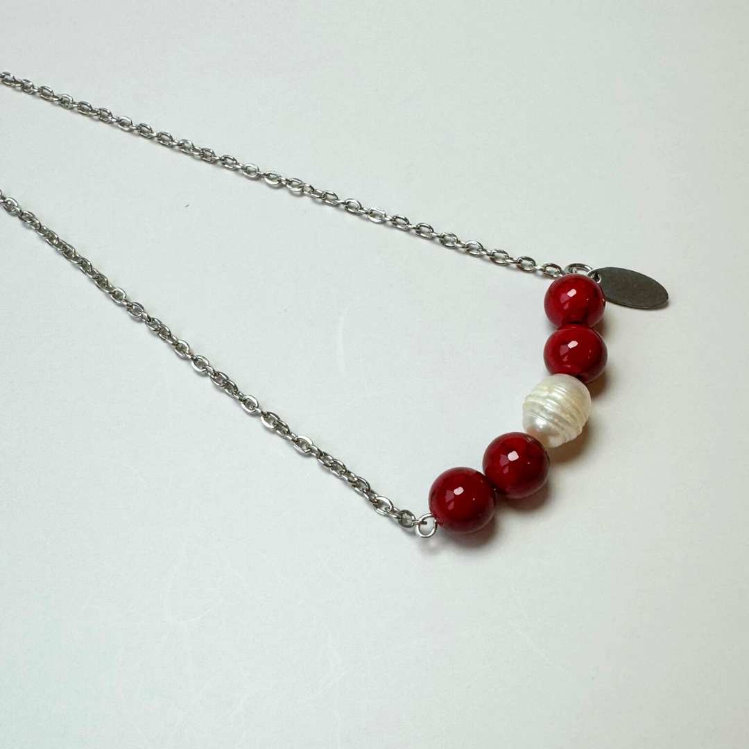 Red Coral Stone with Freshwater Pearl Silver Stainless Steel Necklace - MyMantra