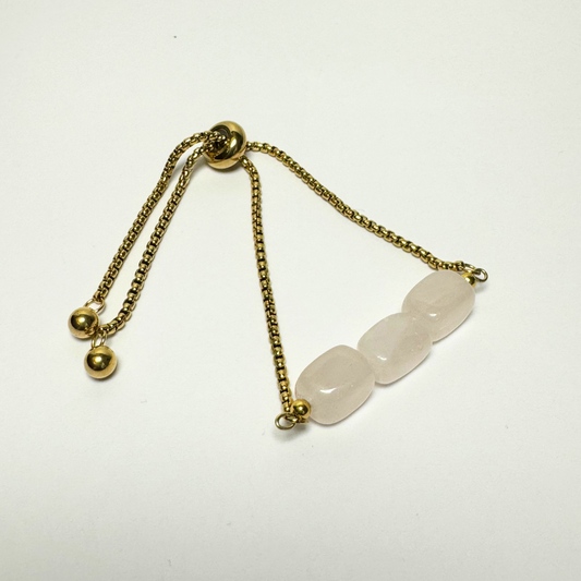 Rose Quartz Cube Stone Gold Stainless Steel Adjustable Bracelet