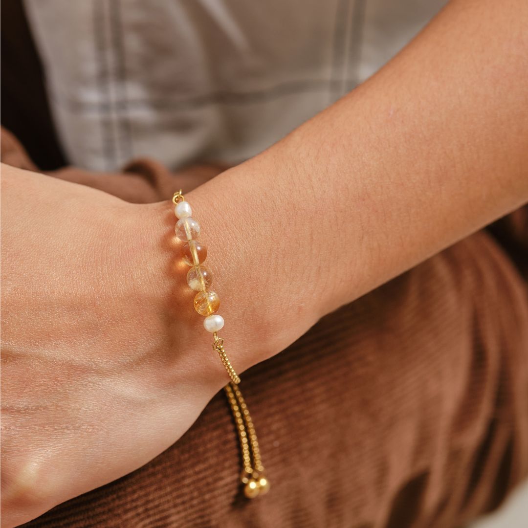 Serenity Stainless Steel Adjustable Bracelet - Citrine Stone with Freshwater Pearl