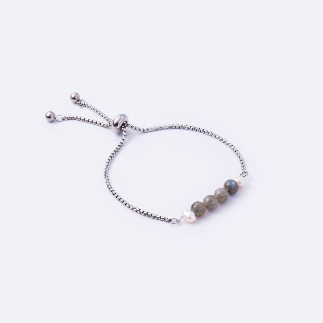 Serenity Stainless Steel Adjustable Bracelet - Labradorite with Freshwater Pearl