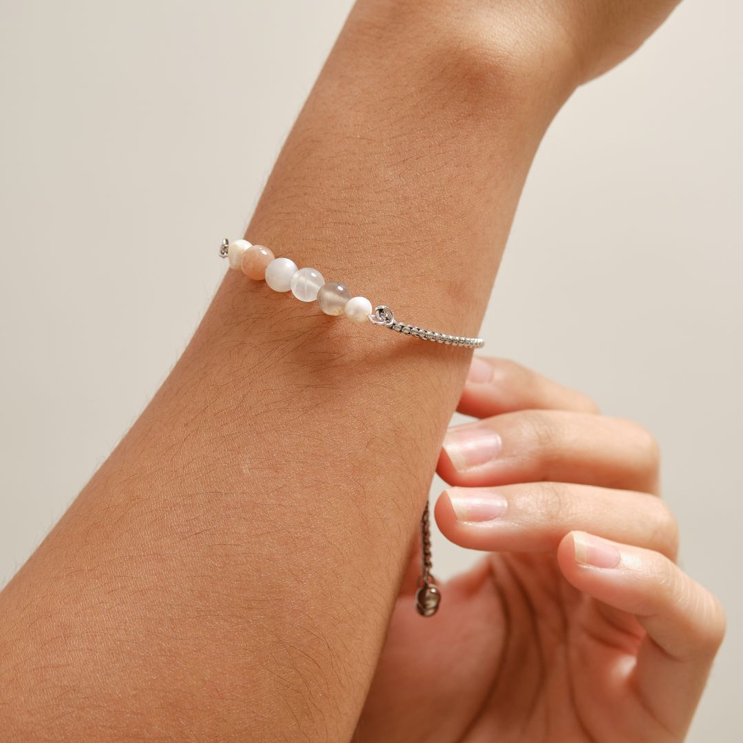 Serenity Stainless Steel Adjustable Bracelet - Moonstone with Freshwater Pearl