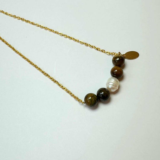 Tiger Eye Stone with Freshwater Pearl Gold Stainless Steel Necklace - MyMantra