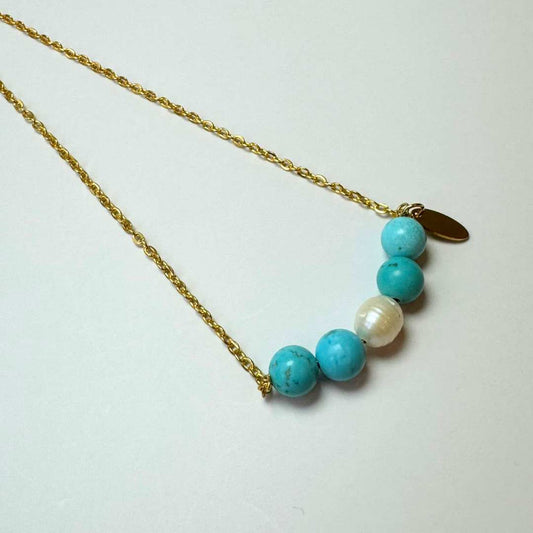 Turquoise Stone with Freshwater Pearl Gold Stainless Steel Necklace