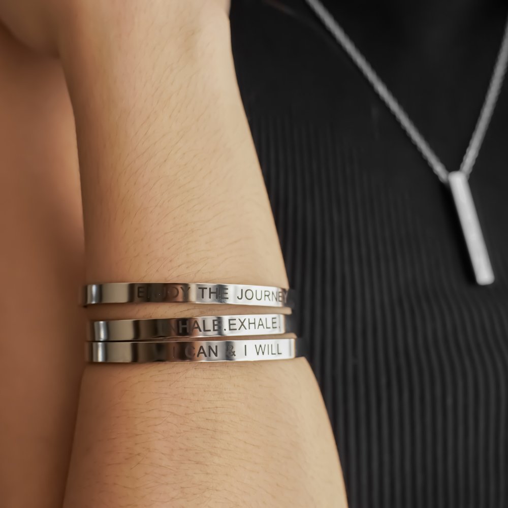 Enjoy The Journey Silver Stainless Steel Adjustable Cuff Bracelet - MyMantra