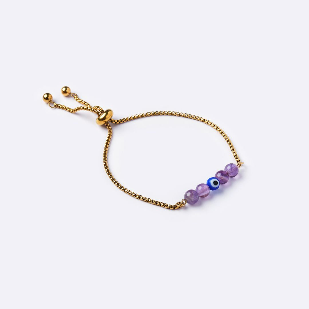 Serenity Stainless Steel Bracelet – Amethyst with Evil Eye