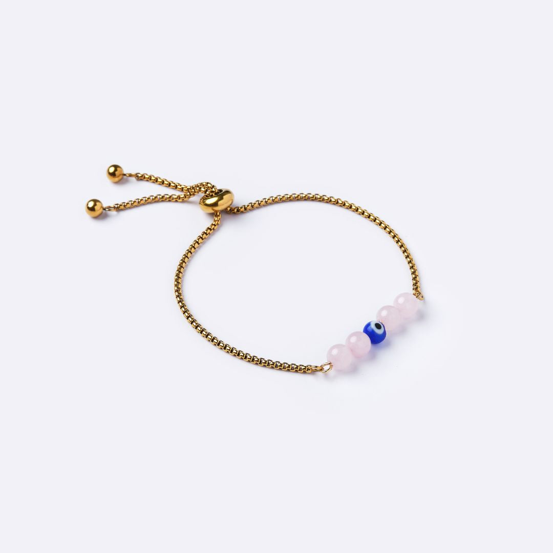 Serenity Stainless Steel Bracelet – Rose Quartz with Evil Eye