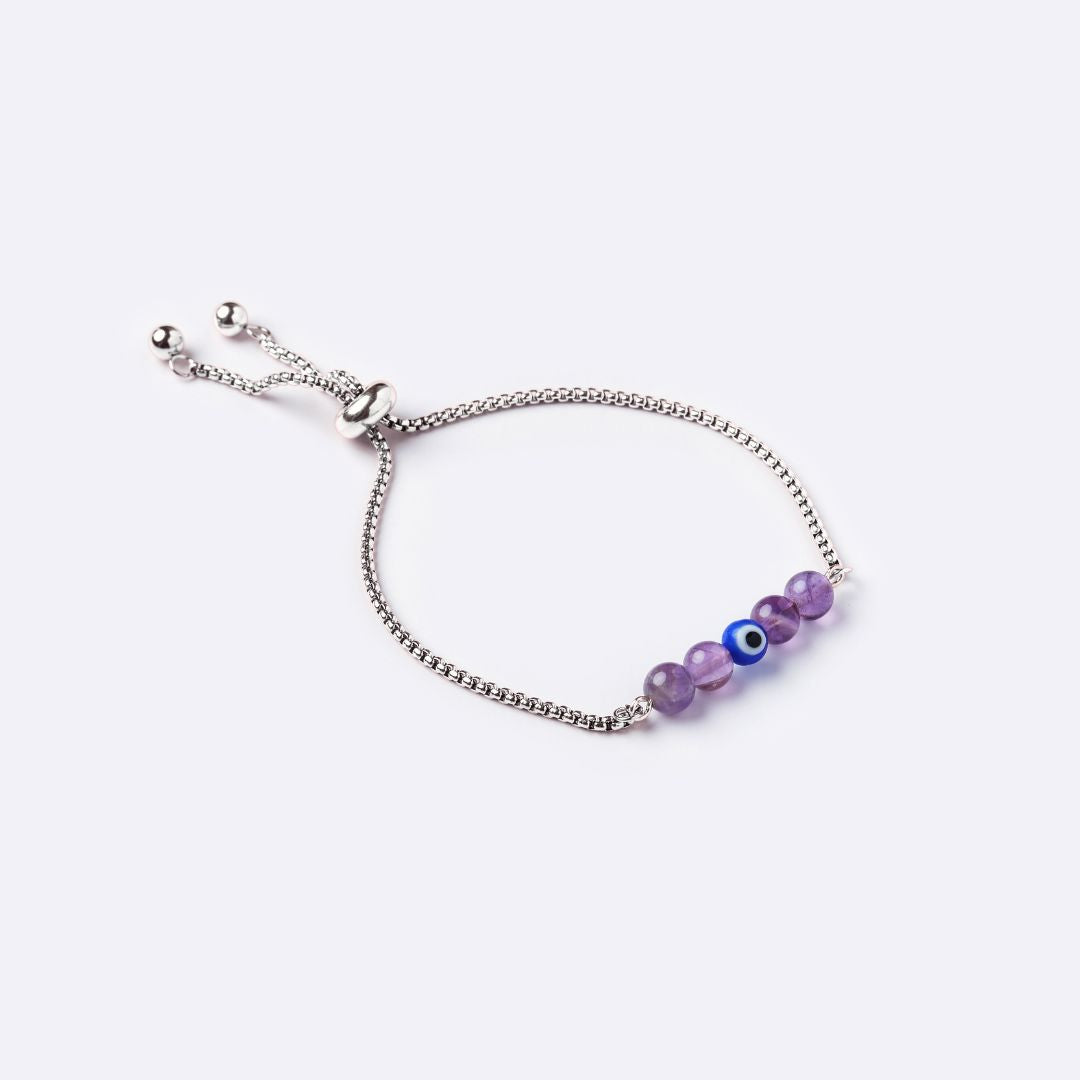 Serenity Stainless Steel Bracelet – Amethyst with Evil Eye