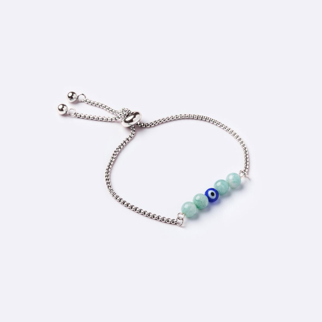 Serenity Stainless Steel Bracelet – Amazonite Stone with Evil Eye
