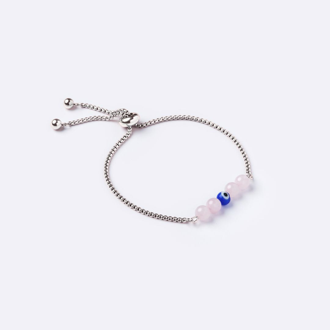 Serenity Stainless Steel Bracelet – Rose Quartz with Evil Eye
