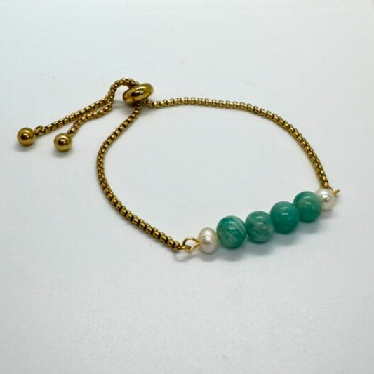 Amazonite Stone Gold Bracelet with Freshwater Pearls -MyMantra