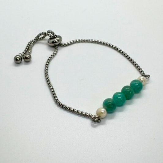 Amazonite Stone Silver Bracelet with Freshwater Pearls - MyMantra