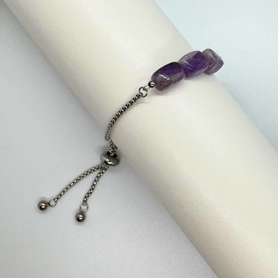 Amethyst Silver Bracelet Cube Beads - MyMantra