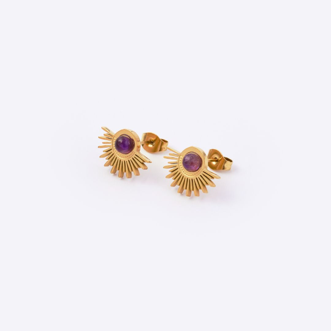 Sun Gold-Plated Stainless Steel Stud Earrings - Amethyst