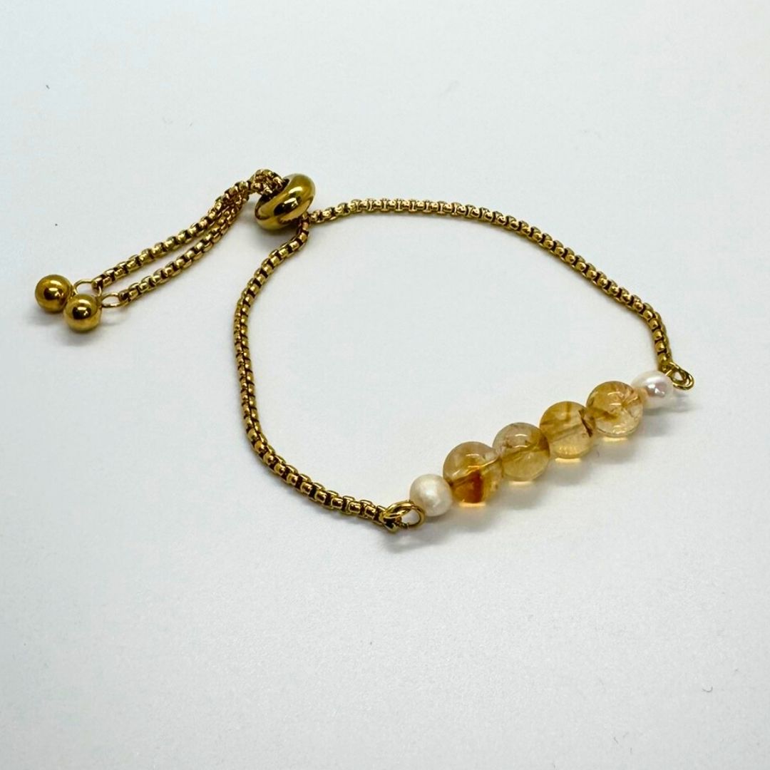 Citrine Stone with Freshwater Pearl Gold Stainless Steel Adjustable Bracelet - MyMantra