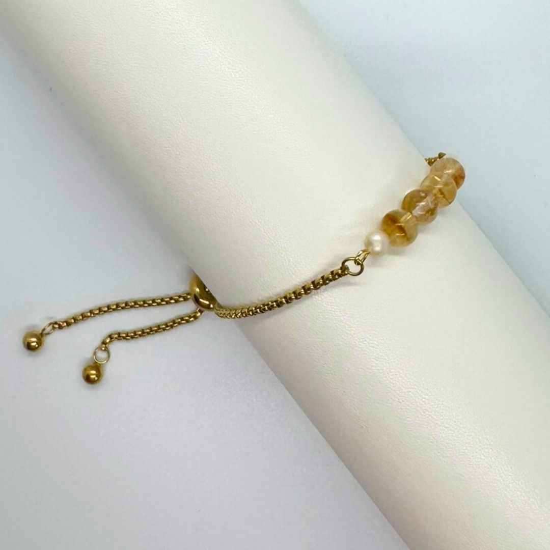 Citrine Stone with Freshwater Pearl Gold Stainless Steel Adjustable Bracelet - MyMantra