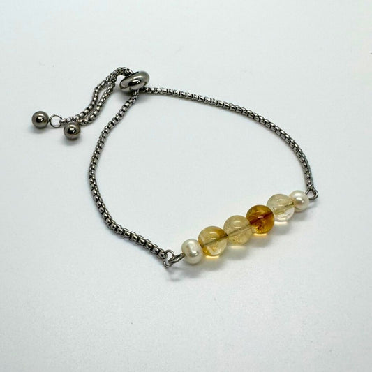 Citrine Stone with Freshwater Pearl Silver Stainless Steel Adjustable Bracelet - MyMantra