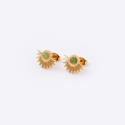 Sun Gold-Plated Stainless Steel Stud Earrings - Green Aventurine