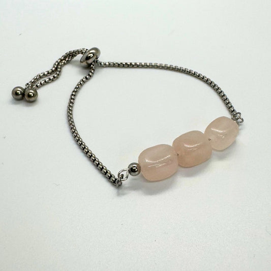 Rose Quartz Cube Stone Silver Stainless Steel Adjustable Bracelet - MyMantra