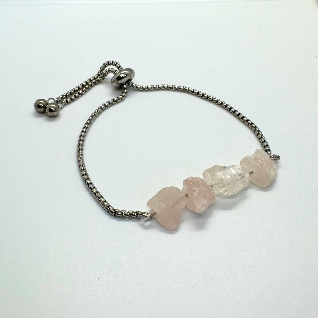 Rose Quartz Stone Silver Adjustable Stainless Steel Bracelet - MyMantra