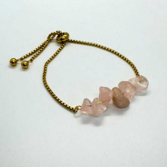 Rose Quartz Irregular Shaped Stone Gold Stainless Steel Adjustable Bracelet - MyMantra