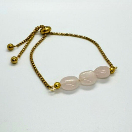 Rose Quartz Round Stone Gold Stainless Steel Adjustable Bracelet - MyMantra