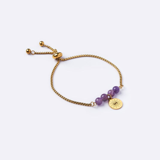 Serenity Stainless Steel Bracelet – Amethyst with Evil Eye Stainless Steel Charm