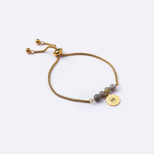 Serenity Stainless Steel Bracelet – Labradorite Stone with Evil Eye Stainless Steel Charm